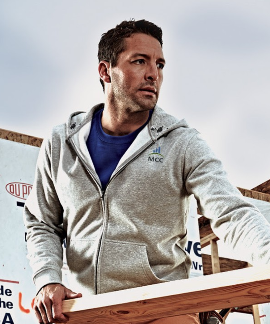 guy wearing branded sweatshirt
